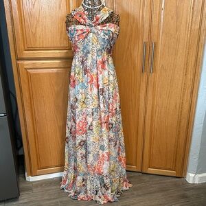 Fate Vibrant Floral Maxi Dress. Size Large. Halter tie. Elastic back